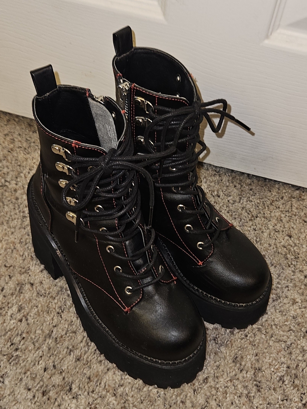 Demonia- Black Lace-Up Platform Combat Boots - Women's
